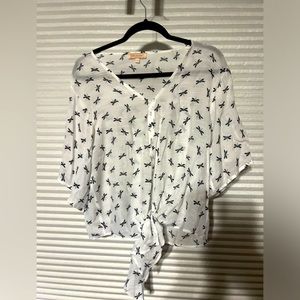 EUc White and Blue Dragonfly Short Sleeve Blouse Large